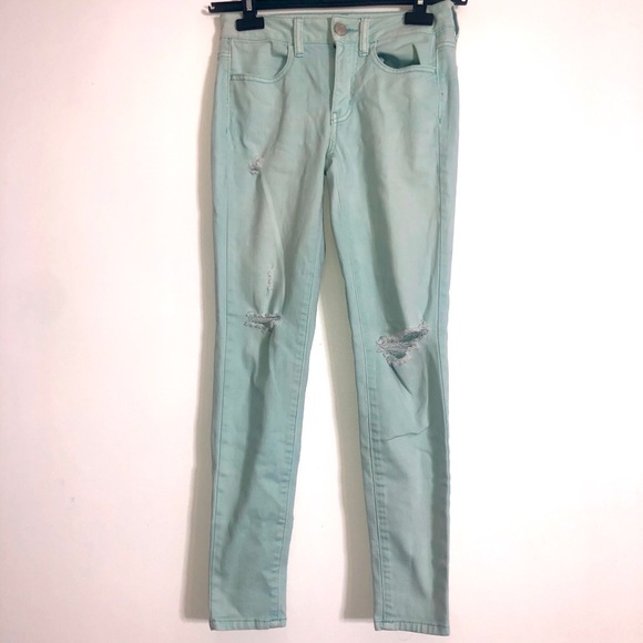 Light Wash Teal AMERICAN EAGLE Ripped Skinny Jeans - Picture 1 of 2